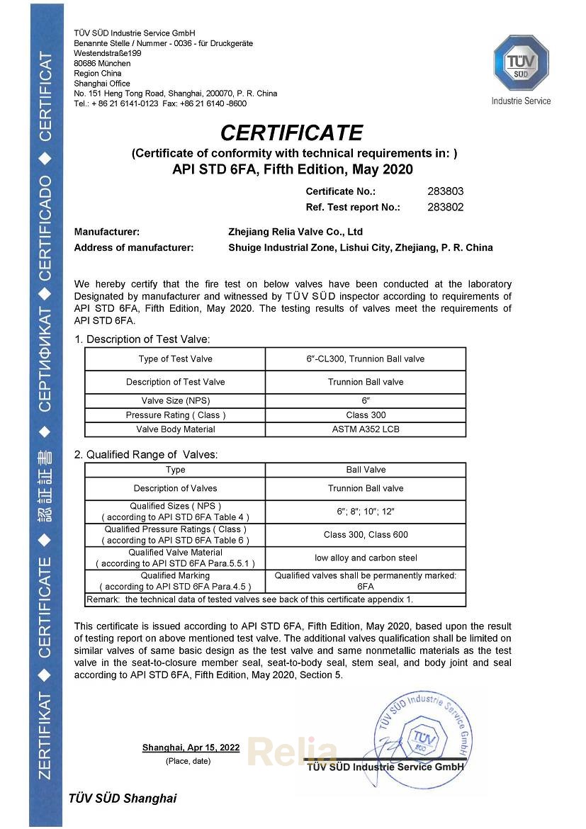 API 6FA fire safe certificate
